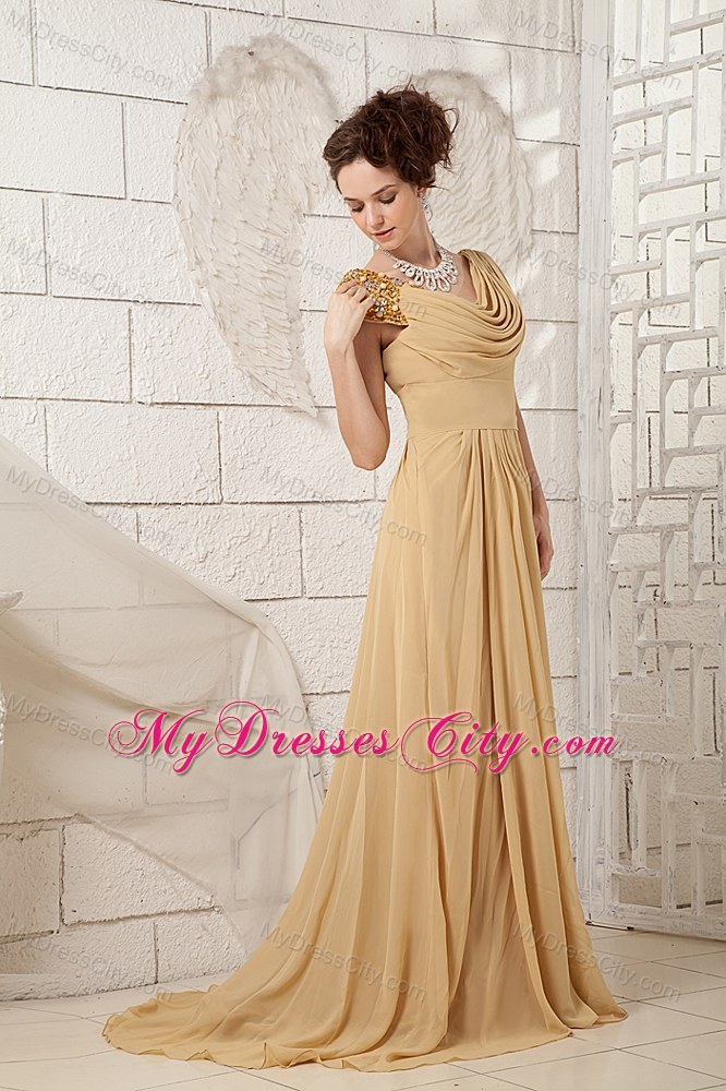 Long Champagne Ruched V-neck Evening Dress with Beading