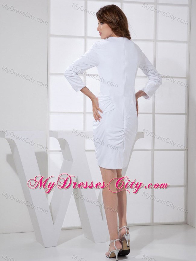 White V Neck Sleeves Ruched Mini-length Wedding Outfits for Groom Mothers