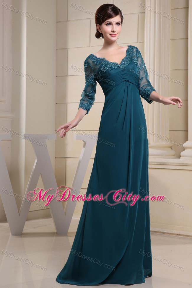 V-neck Chiffon Fllor Length Mother Of The Bride Dress With Lace and 3 4 Sleeves
