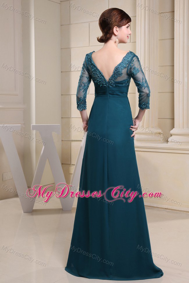 V-neck Chiffon Fllor Length Mother Of The Bride Dress With Lace and 3 4 Sleeves