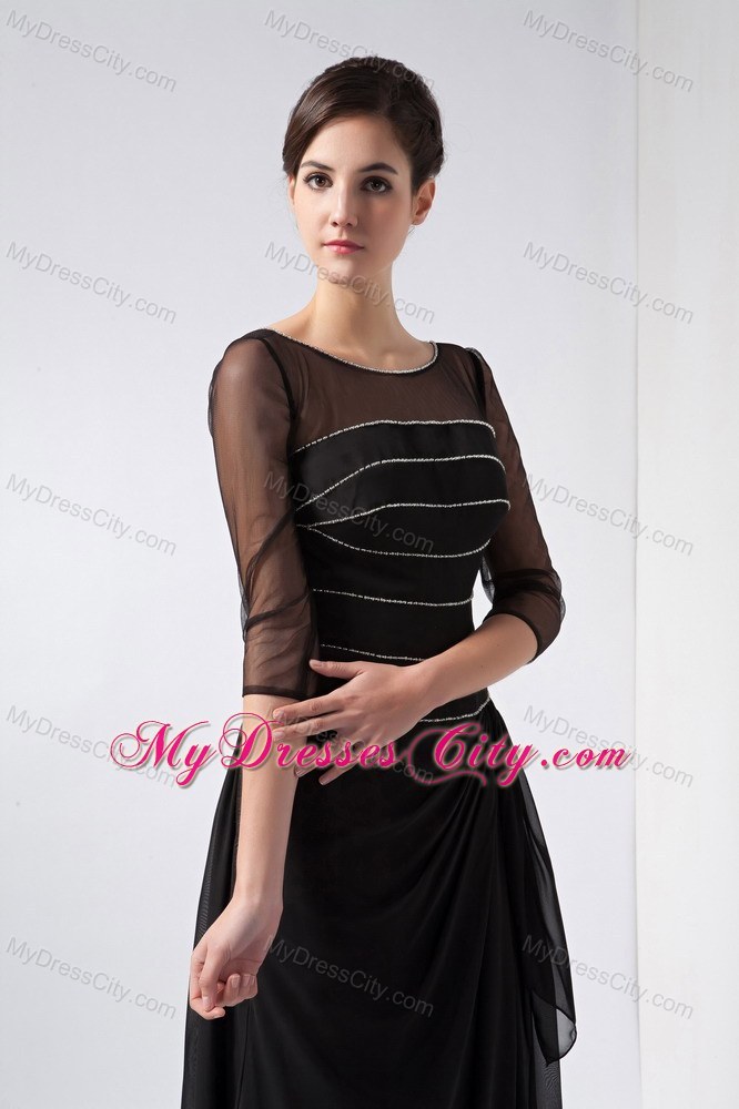 Scoop Neck Beaded strips Transparent Sleeves Chiffon Black Mothers Dresses