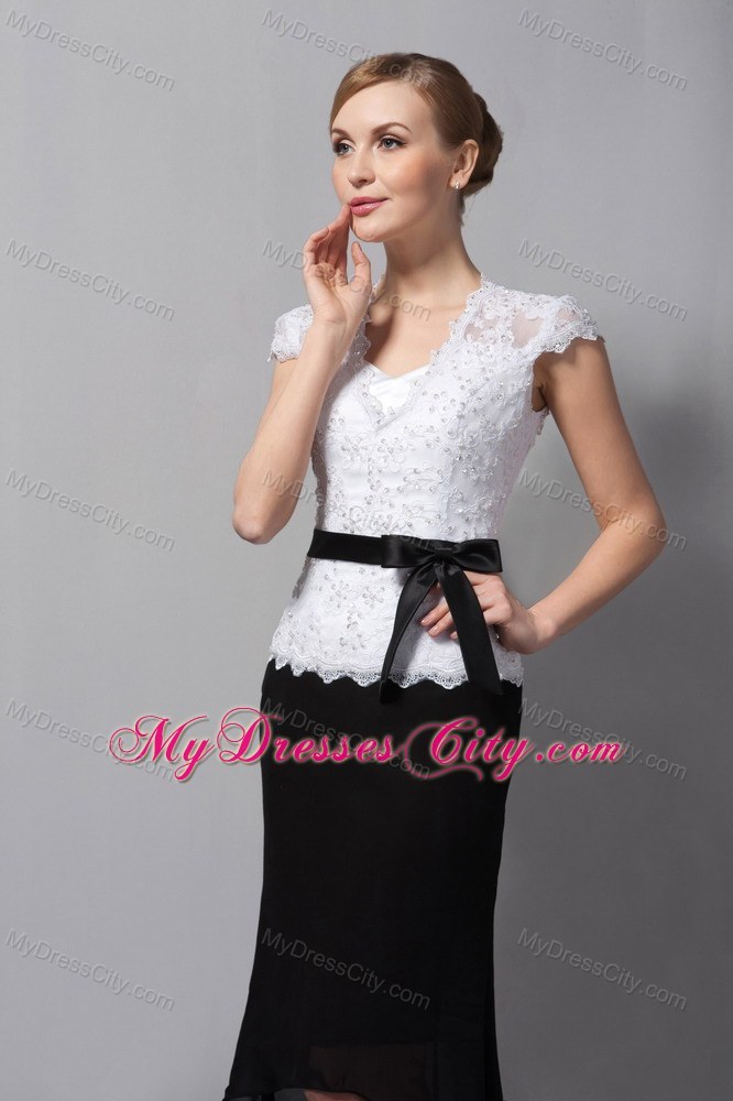 Black and White Sash V Neck Lace and Chiffon Tea-length Mothers Dresses