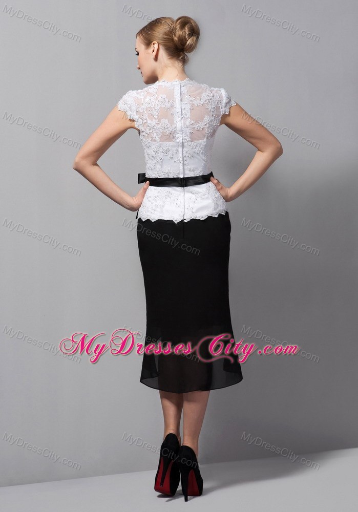Black and White Sash V Neck Lace and Chiffon Tea-length Mothers Dresses
