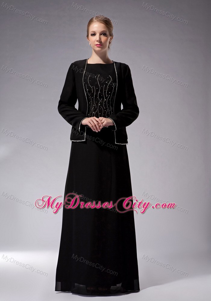 Black Bateau Neck Beading Chiffon Floor-length Mother Dress with Jacket