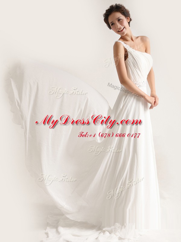 One Shoulder Chiffon Sleeveless With Train Wedding Gown Brush Train and Beading and Ruching