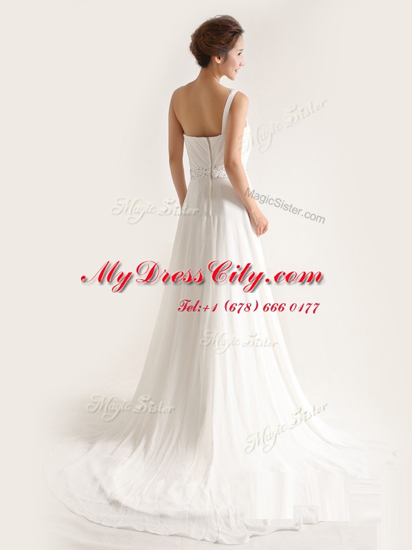 One Shoulder Chiffon Sleeveless With Train Wedding Gown Brush Train and Beading and Ruching