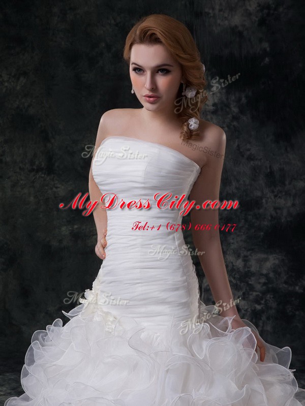 Elegant Sleeveless Brush Train Ruffles and Ruching Lace Up Wedding Gowns