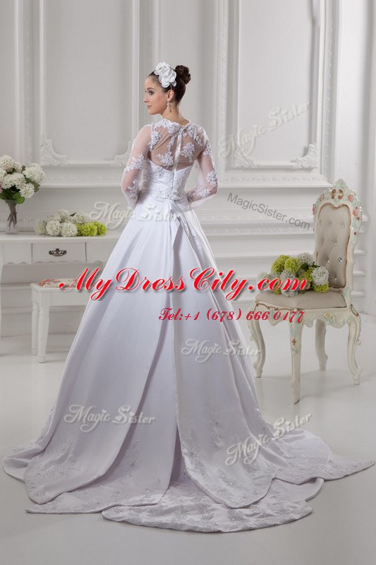 Fantastic White A-line Satin Scalloped Long Sleeves Lace Zipper Wedding Gown Court Train