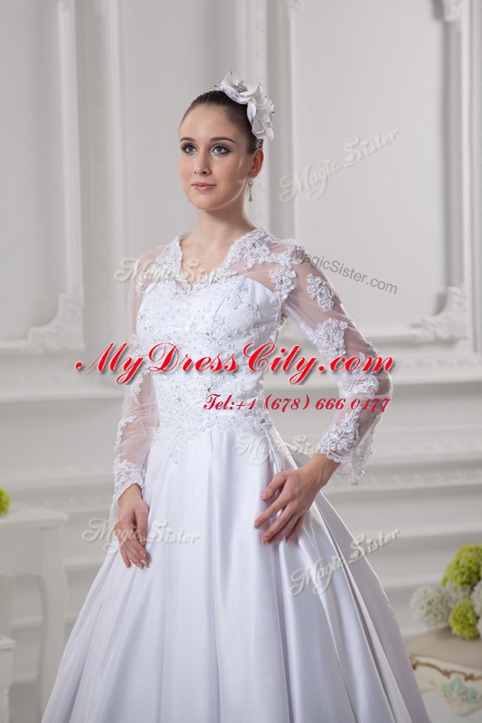 Fantastic White A-line Satin Scalloped Long Sleeves Lace Zipper Wedding Gown Court Train