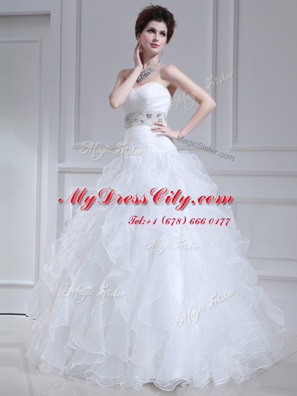 Suitable Floor Length White Wedding Gown Sweetheart Sleeveless Lace Up