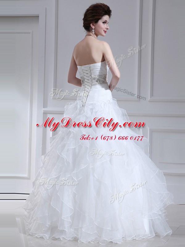 Suitable Floor Length White Wedding Gown Sweetheart Sleeveless Lace Up