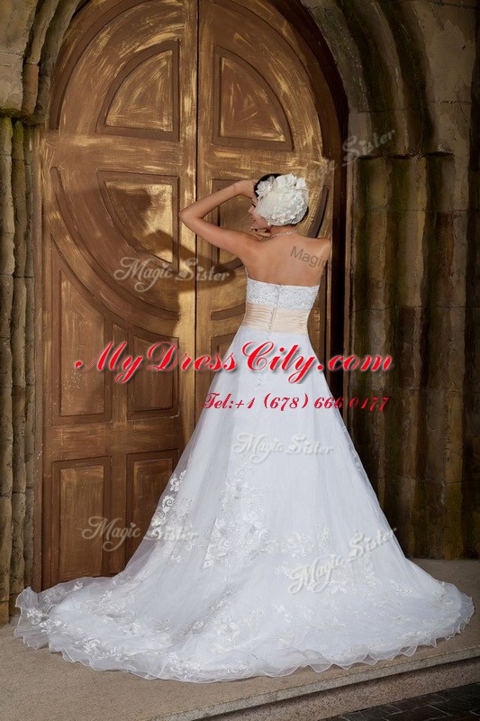 Low Price Strapless Sleeveless Brush Train Zipper Wedding Gowns White Organza