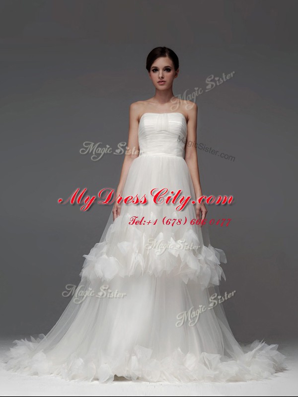Strapless Sleeveless Wedding Gowns With Brush Train Ruffled Layers and Ruching White Tulle