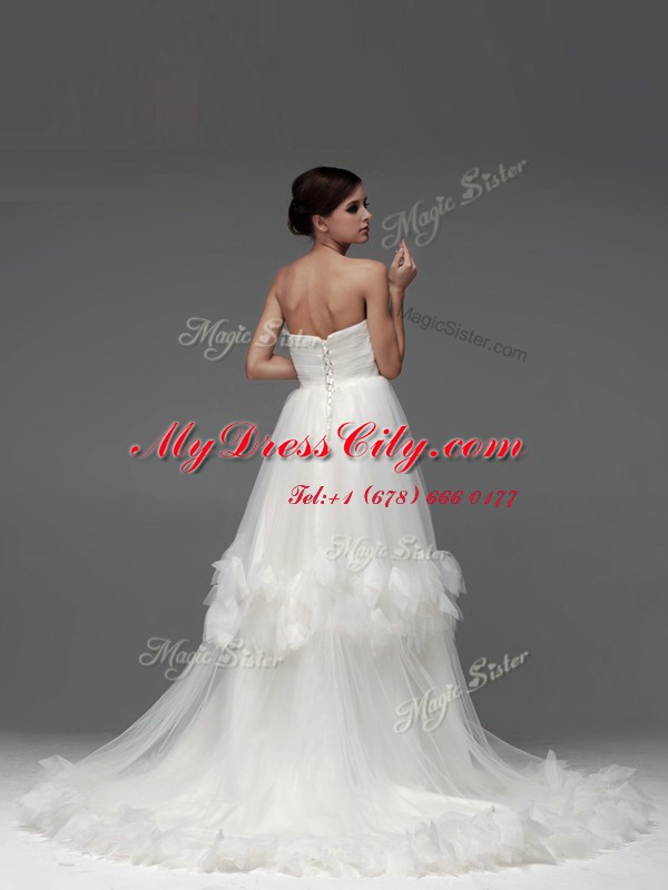 Strapless Sleeveless Wedding Gowns With Brush Train Ruffled Layers and Ruching White Tulle
