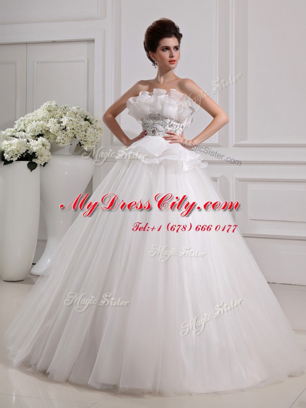 Flare White Sleeveless Tulle Zipper Wedding Gown for Wedding Party