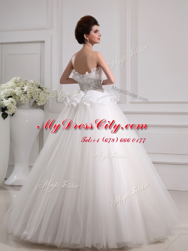 Flare White Sleeveless Tulle Zipper Wedding Gown for Wedding Party