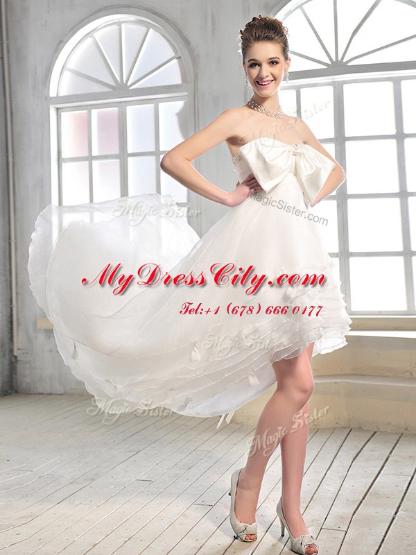 A-line Wedding Dress White Strapless Chiffon Sleeveless High Low Zipper