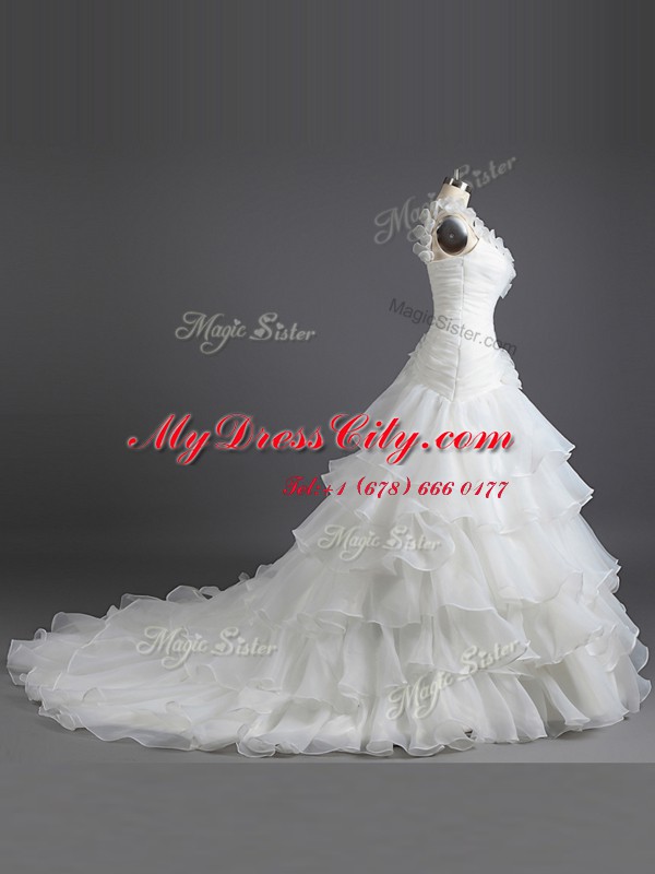 Shining Ruffled Sweetheart Sleeveless Court Train Lace Up Bridal Gown White Chiffon