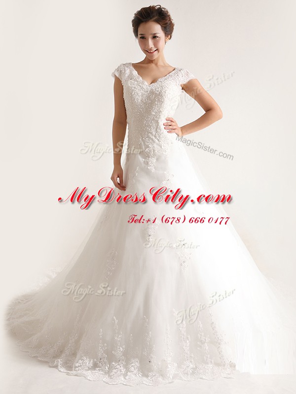 White Tulle Lace Up V-neck Cap Sleeves With Train Wedding Gown Chapel Train Lace and Appliques