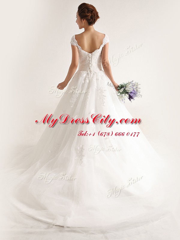 White Tulle Lace Up V-neck Cap Sleeves With Train Wedding Gown Chapel Train Lace and Appliques