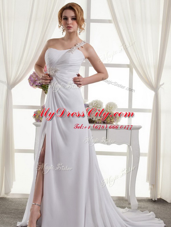 New Style One Shoulder Lace Up Bridal Gown White for Wedding Party with Beading and Ruching