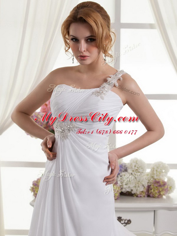 New Style One Shoulder Lace Up Bridal Gown White for Wedding Party with Beading and Ruching