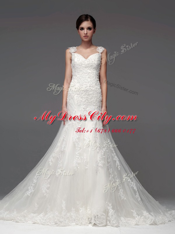 Decent White Straps Neckline Lace and Appliques Wedding Gown Sleeveless Lace Up