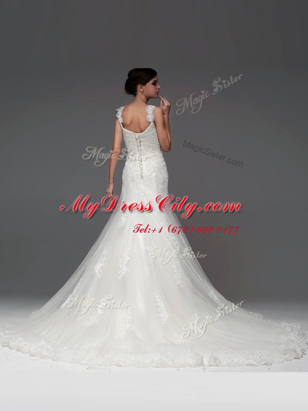 Decent White Straps Neckline Lace and Appliques Wedding Gown Sleeveless Lace Up