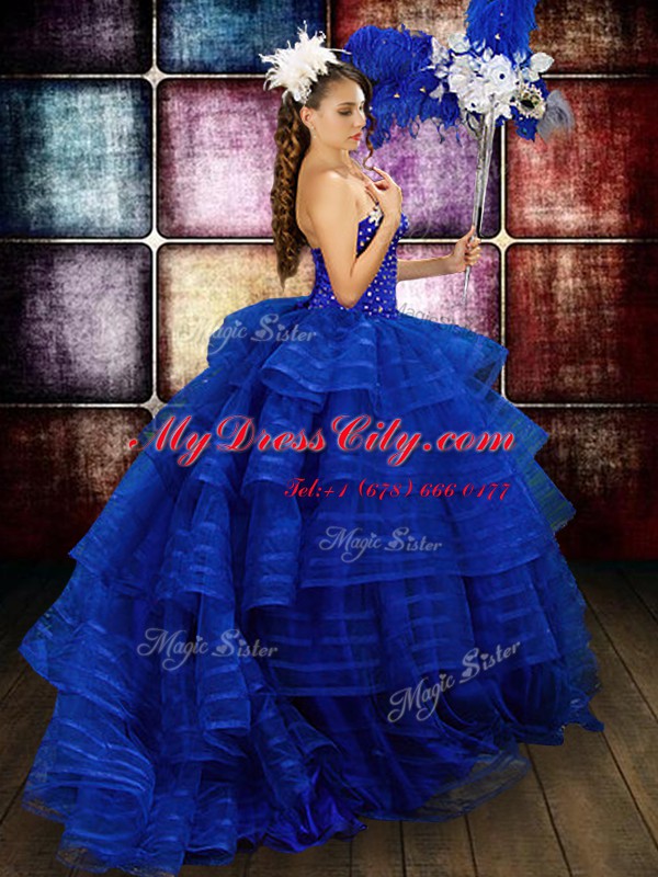 Floor Length Royal Blue Quinceanera Dress Organza Sleeveless Beading and Ruffled Layers