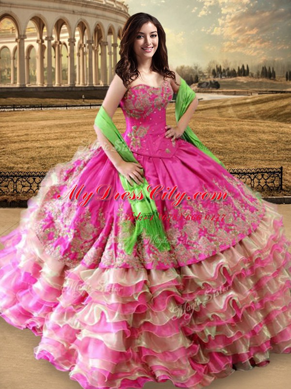 Fashion Ruffled Floor Length Hot Pink Quinceanera Dresses Sweetheart Sleeveless Lace Up