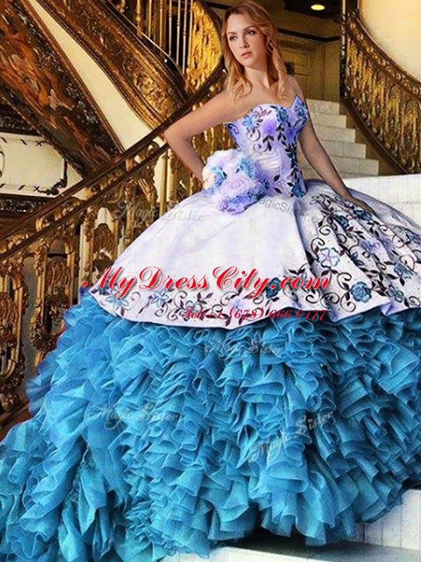 Organza Sleeveless Floor Length 15th Birthday Dress and Appliques and Embroidery and Ruffles