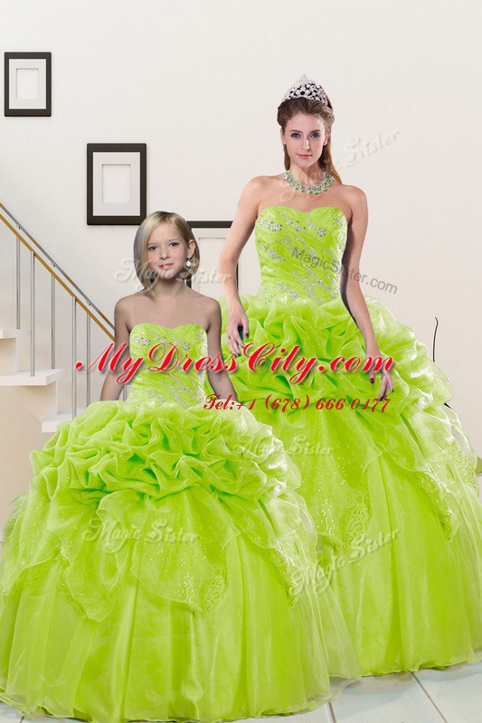Yellow Green Lace Up Sweetheart Beading and Pick Ups Quinceanera Gown Organza Sleeveless