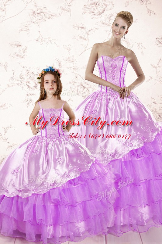 Lilac Sweetheart Neckline Embroidery and Ruffled Layers Vestidos de Quinceanera Sleeveless Lace Up