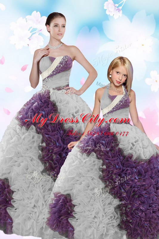 Luxurious White And Purple Fabric With Rolling Flowers Lace Up Sweet 16 Dresses Sleeveless Floor Length Beading and Sequins