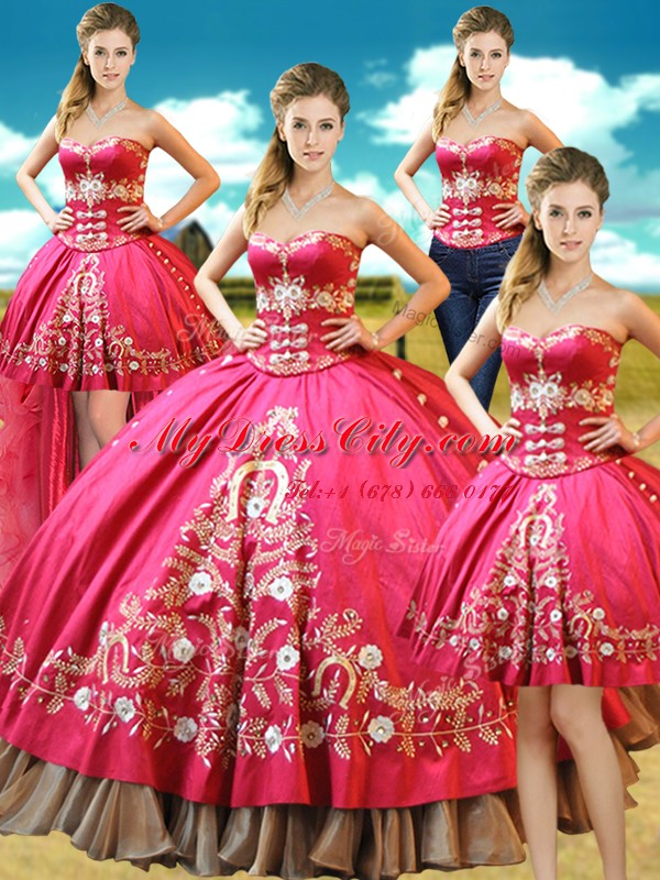 Exceptional Four Piece Hot Pink Lace Up Quinceanera Gowns Beading and Embroidery Sleeveless Floor Length