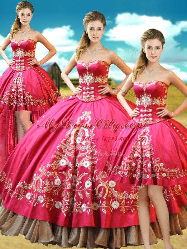 Exceptional Four Piece Hot Pink Lace Up Quinceanera Gowns Beading and Embroidery Sleeveless Floor Length