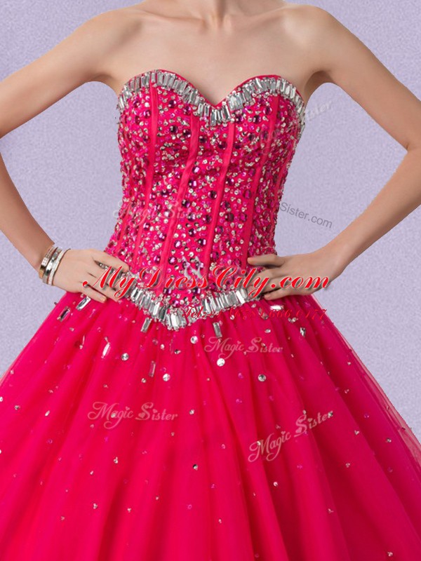 Tulle Sweetheart Sleeveless Lace Up Beading Ball Gown Prom Dress in Coral Red