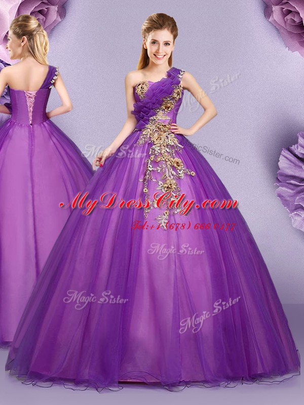 Fashionable Floor Length Purple 15 Quinceanera Dress One Shoulder Sleeveless Lace Up