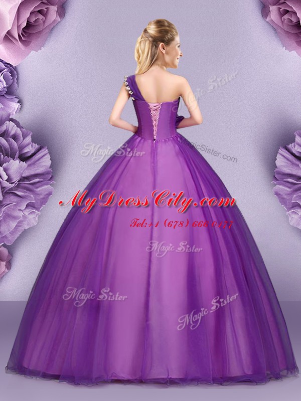Fashionable Floor Length Purple 15 Quinceanera Dress One Shoulder Sleeveless Lace Up