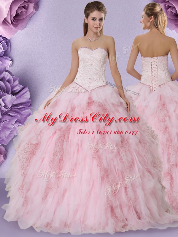 Beauteous Baby Pink Sleeveless Floor Length Beading and Lace and Ruffles Lace Up Quinceanera Dresses