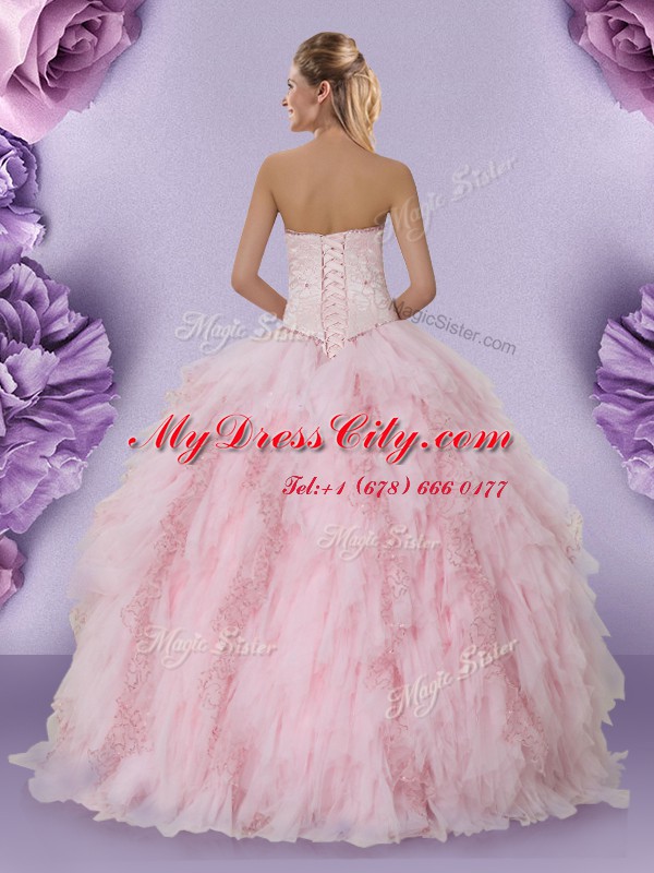 Beauteous Baby Pink Sleeveless Floor Length Beading and Lace and Ruffles Lace Up Quinceanera Dresses