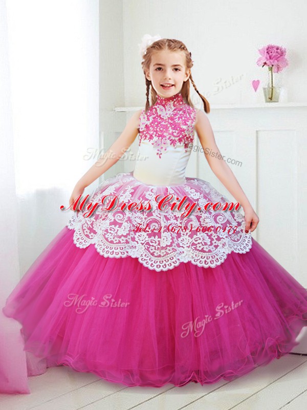 Shining Halter Top Hot Pink Ball Gowns Beading and Lace Flower Girl Dresses Zipper Tulle Sleeveless Floor Length