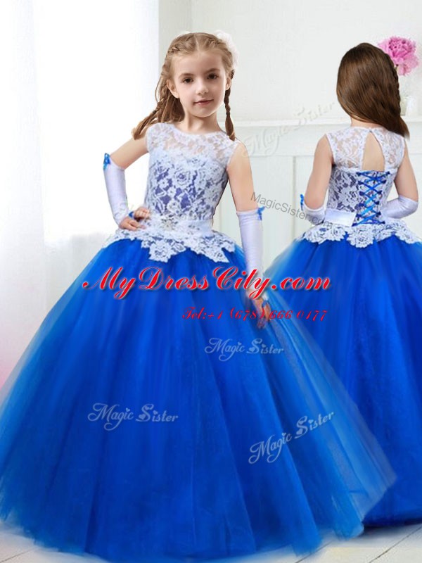 Best Scoop Floor Length Lace Up Flower Girl Dresses Royal Blue for Party and Quinceanera and Wedding Party with Beading and Lace and Belt
