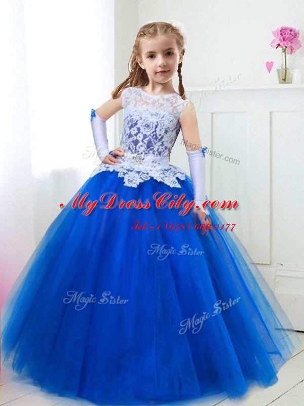 Best Scoop Floor Length Lace Up Flower Girl Dresses Royal Blue for Party and Quinceanera and Wedding Party with Beading and Lace and Belt