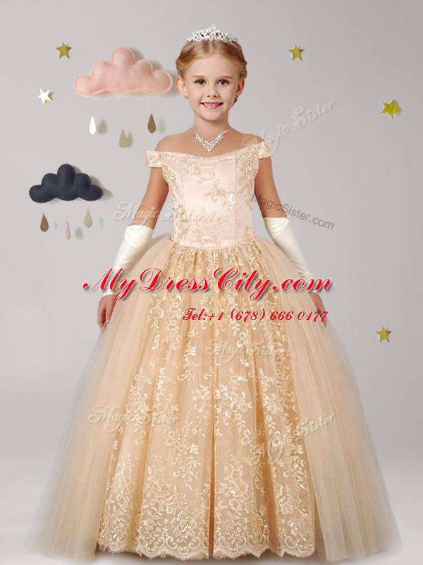 Classical Champagne Ball Gowns Off The Shoulder Cap Sleeves Tulle Floor Length Lace Up Lace Toddler Flower Girl Dress