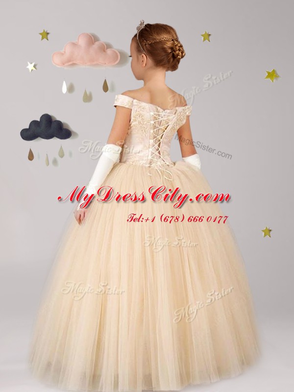 Classical Champagne Ball Gowns Off The Shoulder Cap Sleeves Tulle Floor Length Lace Up Lace Toddler Flower Girl Dress
