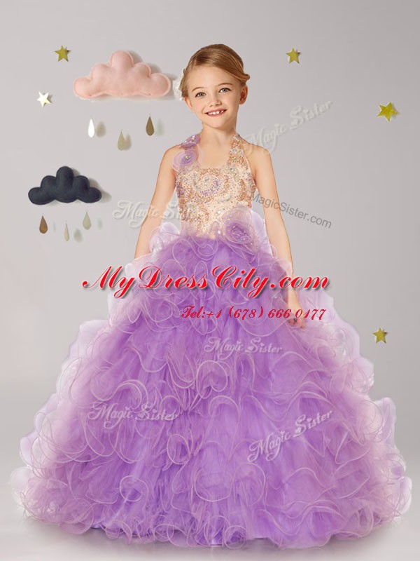 High Class Floor Length Lilac Toddler Flower Girl Dress Halter Top Sleeveless Lace Up