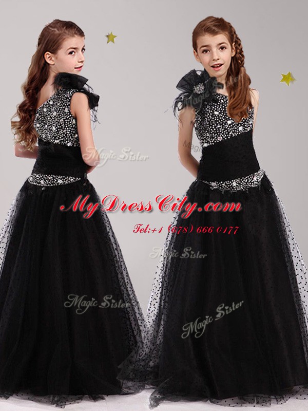 Edgy Black Flower Girl Dresses Party and Quinceanera and Wedding Party and For with Beading and Bowknot One Shoulder Sleeveless Zipper