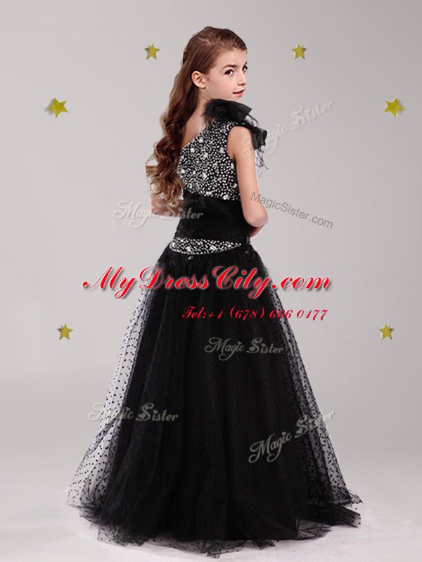 Edgy Black Flower Girl Dresses Party and Quinceanera and Wedding Party and For with Beading and Bowknot One Shoulder Sleeveless Zipper