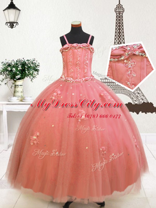 Modern Watermelon Red Spaghetti Straps Neckline Beading and Appliques Winning Pageant Gowns Sleeveless Zipper